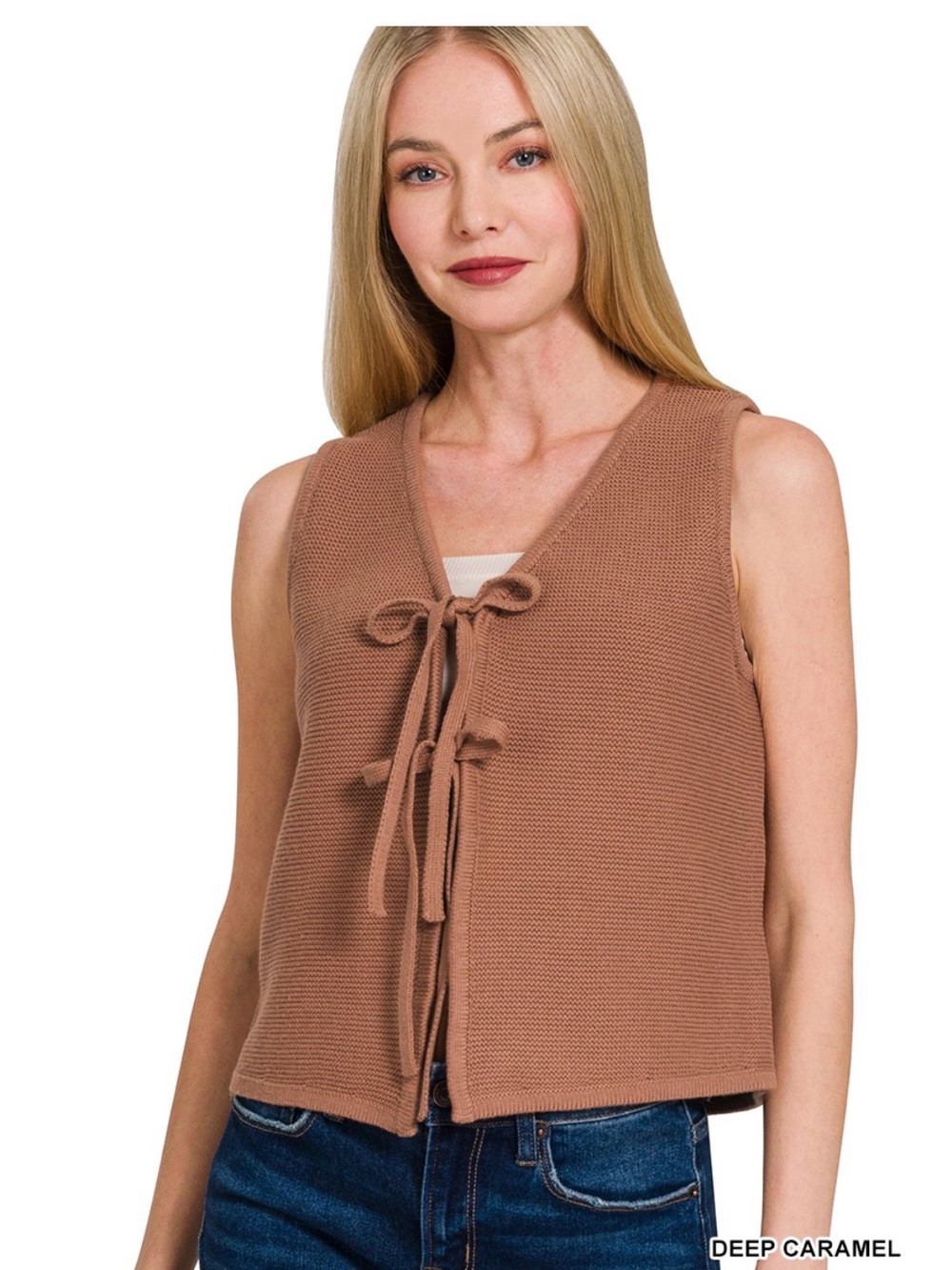 Deep Caramel Tie-Front Knit Sweater Vest